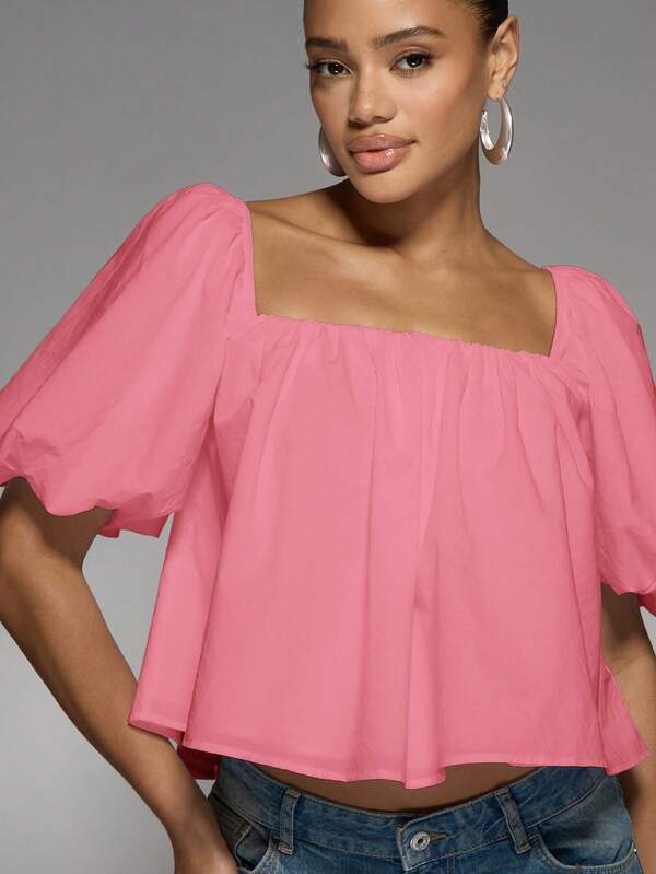 Missguided MISSGUIDED Puff Sleeve Square Neck Crop Top With Tie Back Detail