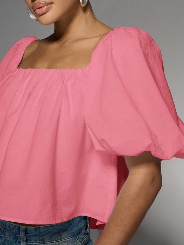 Missguided MISSGUIDED Puff Sleeve Square Neck Crop Top With Tie Back Detail
