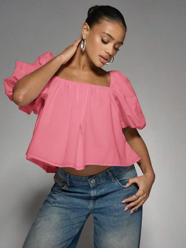 missguided MISSGUIDED Puff Sleeve Square Neck Crop Top With Tie Back Detail