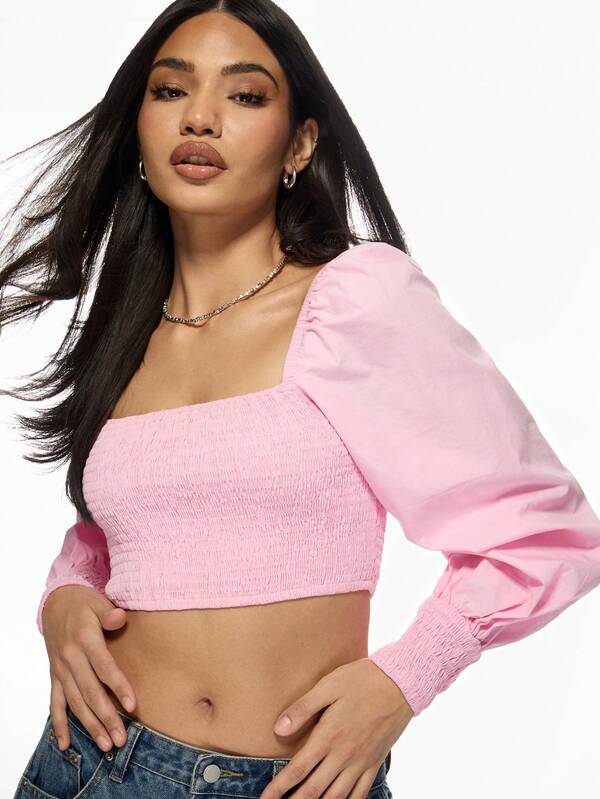 Missguided MISSGUIDED Puff Sleeve Square Neck Cropped Blouse