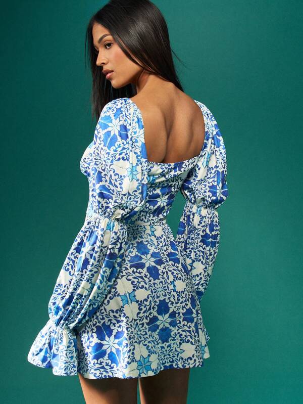 Missguided MISSGUIDED Puff Sleeve Square Neck Empire Waist Flowy A-Line Mini Dress