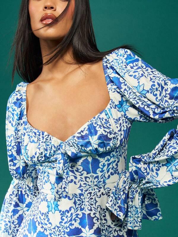 Missguided MISSGUIDED Puff Sleeve Square Neck Empire Waist Flowy A-Line Mini Dress