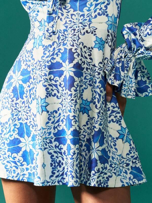 Missguided MISSGUIDED Puff Sleeve Square Neck Empire Waist Flowy A-Line Mini Dress