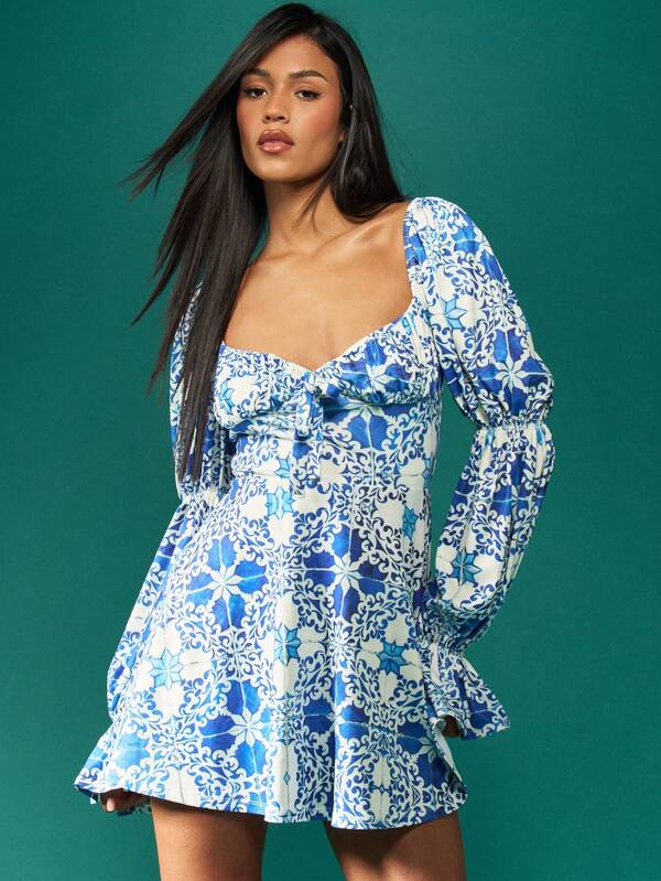 missguided MISSGUIDED Puff Sleeve Square Neck Empire Waist Flowy A-Line Mini Dress