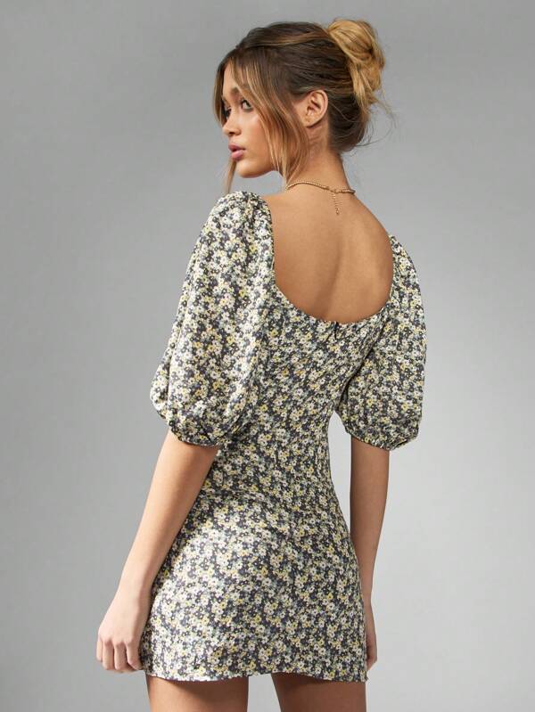 Missguided MISSGUIDED Puff Sleeve Square Neck Floral Empire Waist Bodycon Mini Dress