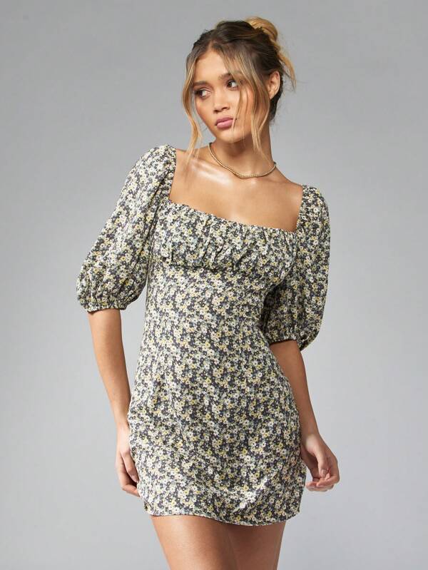 missguided MISSGUIDED Puff Sleeve Square Neck Floral Empire Waist Bodycon Mini Dress
