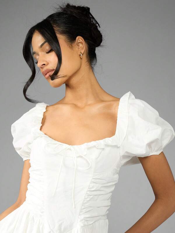 Missguided MISSGUIDED Puff Sleeve Square Neck Ruched Corset Midi Dress