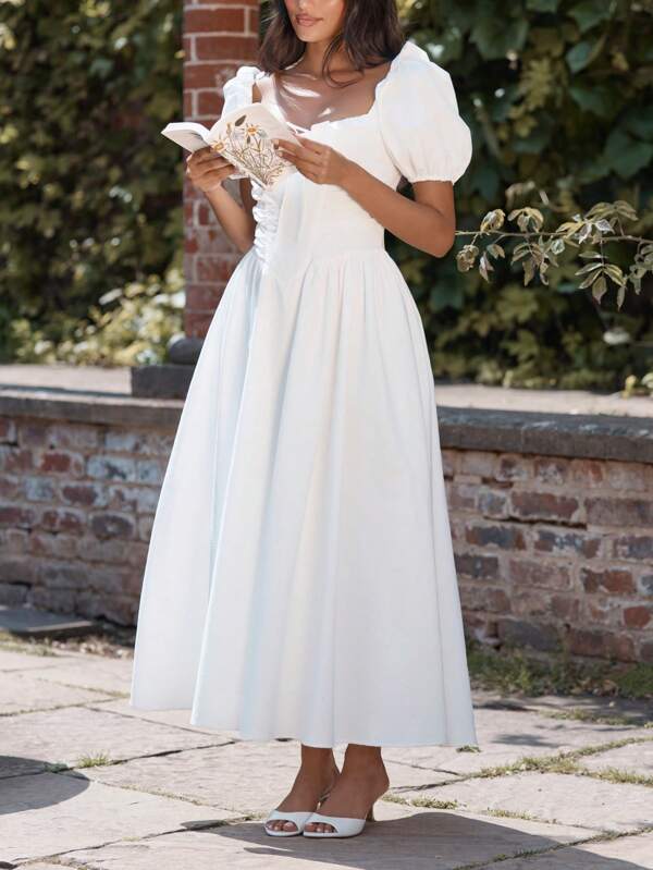 missguided MISSGUIDED Puff Sleeve Square Neck Ruched Corset Midi Dress