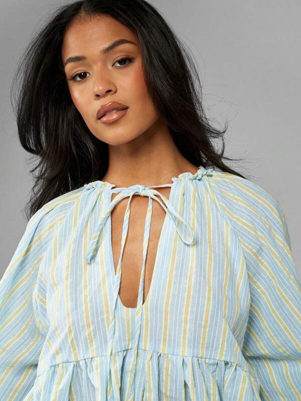 Missguided MISSGUIDED Puff Sleeve Tie Front Vertical Striped Empire Waist Blouse