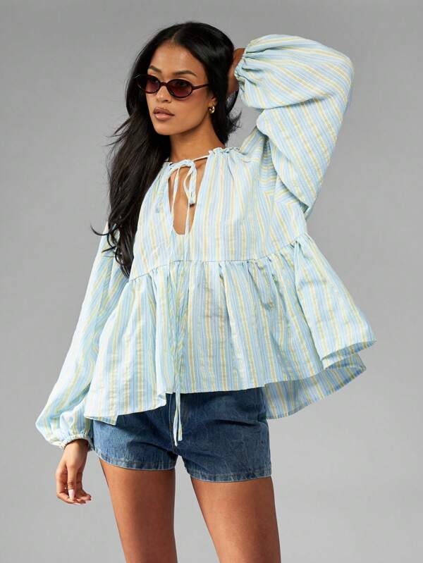 missguided MISSGUIDED Puff Sleeve Tie Front Vertical Striped Empire Waist Blouse