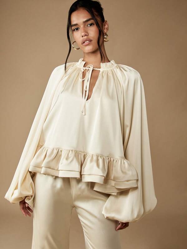 Missguided MISSGUIDED Puff Sleeve Top With Ruffle Hem Palazzo Pants