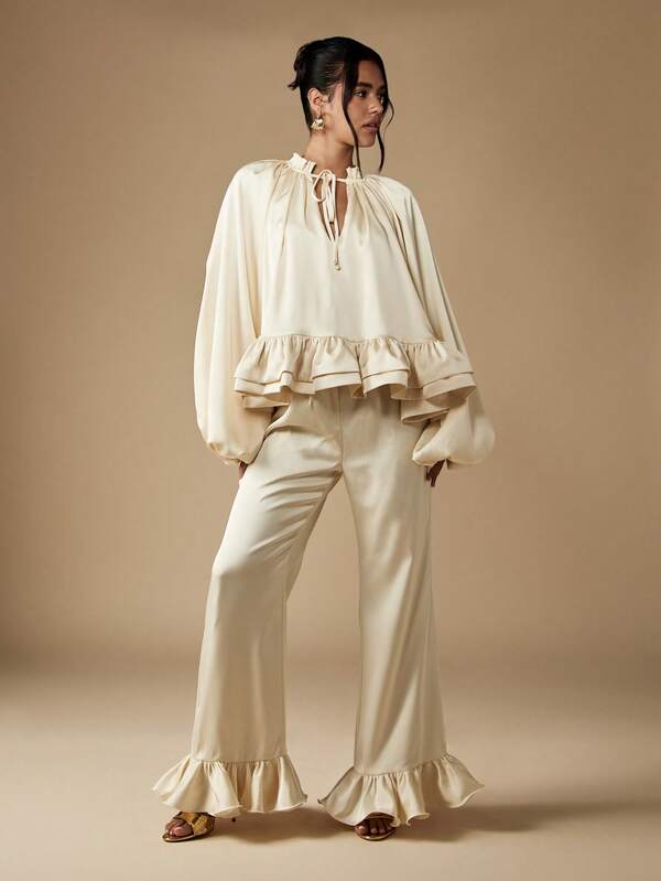 Missguided MISSGUIDED Puff Sleeve Top With Ruffle Hem Palazzo Pants