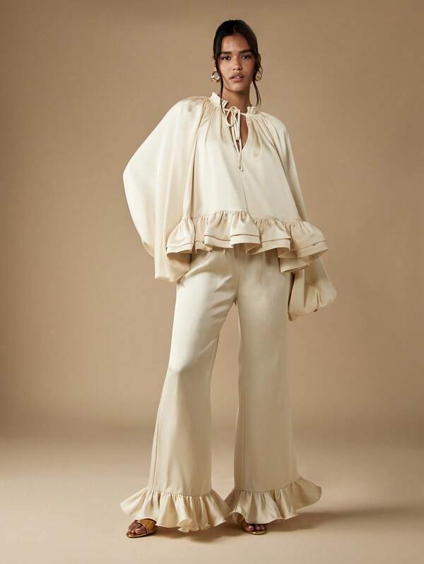 missguided MISSGUIDED Puff Sleeve Top With Ruffle Hem Palazzo Pants