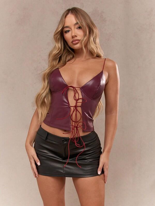 missguided MISSGUIDED Punk Lace Up Faux Leather Spaghetti Strap Crop Top
