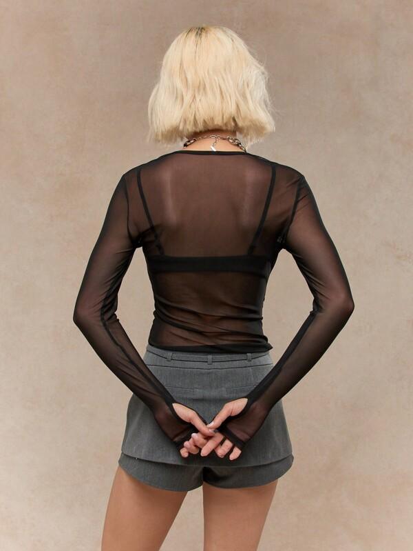 Missguided MISSGUIDED Punk Sheer Mesh Thumb Hole Long Sleeve Boat Neck Top