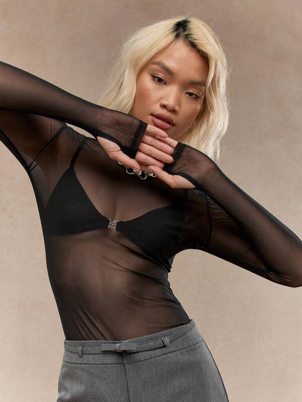 Missguided MISSGUIDED Punk Sheer Mesh Thumb Hole Long Sleeve Boat Neck Top