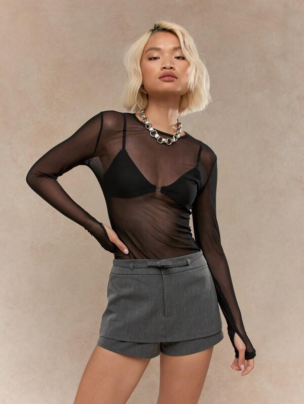 missguided MISSGUIDED Punk Sheer Mesh Thumb Hole Long Sleeve Boat Neck Top