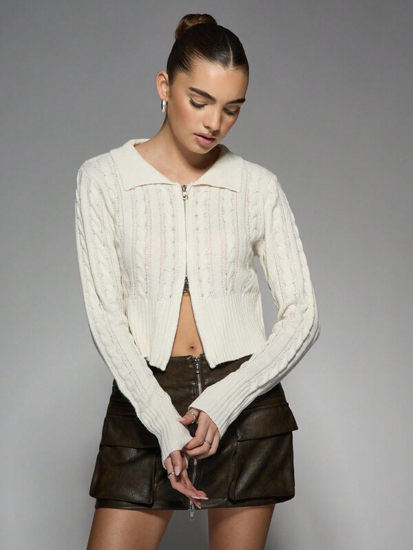 Missguided MISSGUIDED Quarter Zip Cable Knit Cardigan Sweater