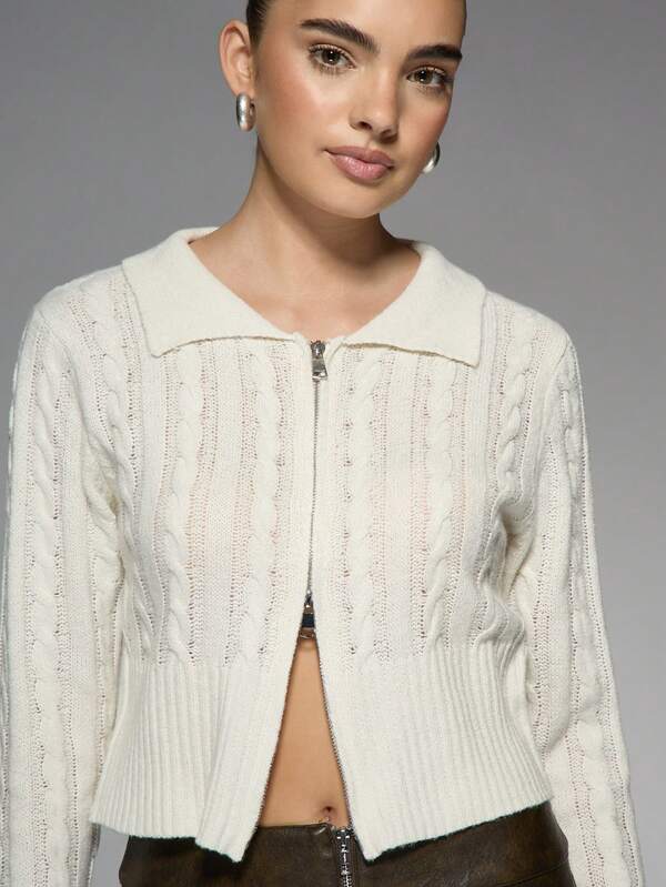 Missguided MISSGUIDED Quarter Zip Cable Knit Cardigan Sweater