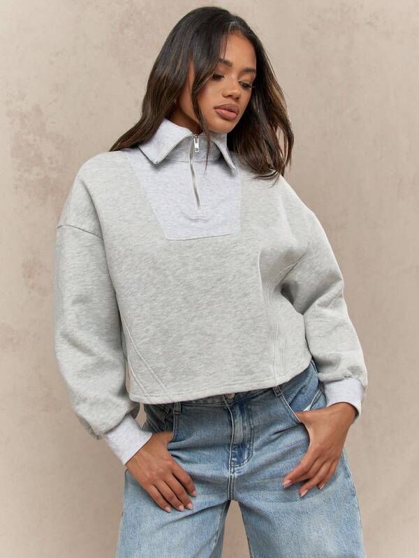 Missguided MISSGUIDED Quarter Zip Crop Pullover Collared Sweatshirt