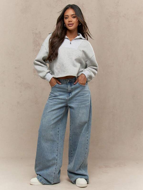 Missguided MISSGUIDED Quarter Zip Crop Pullover Collared Sweatshirt