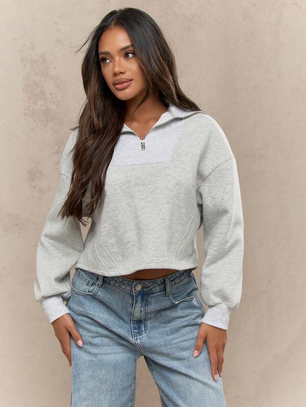 missguided MISSGUIDED Quarter Zip Crop Pullover Collared Sweatshirt