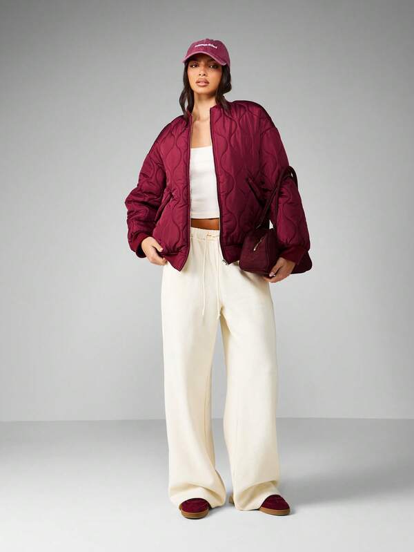 Missguided MISSGUIDED Quilted Bomber Jacket With Ribbed Trim And Zipper Closure