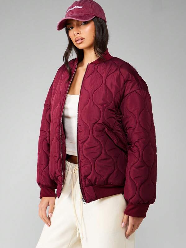 Missguided MISSGUIDED Quilted Bomber Jacket With Ribbed Trim And Zipper Closure