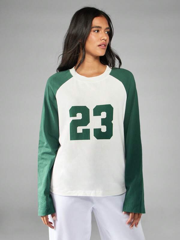 Missguided MISSGUIDED Raglan Baseball Jersey With Varsity Number Print