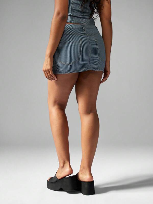 Missguided MISSGUIDED Railroad Stripe Denim Mini Skirt High Waisted Fitted Button Front