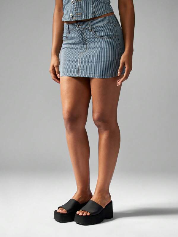 Missguided MISSGUIDED Railroad Stripe Denim Mini Skirt High Waisted Fitted Button Front