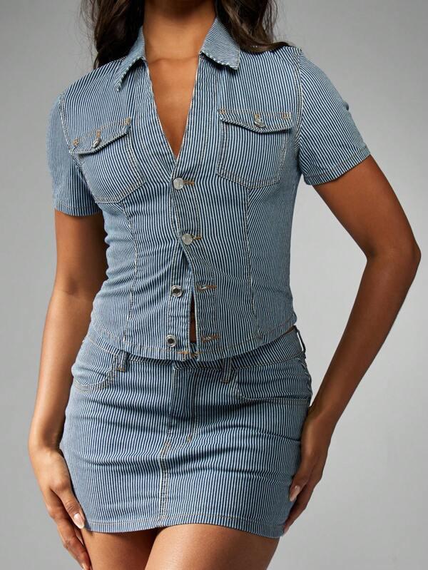 Missguided MISSGUIDED Railroad Stripe Short Sleeve Crop Button Up Denim Shirt