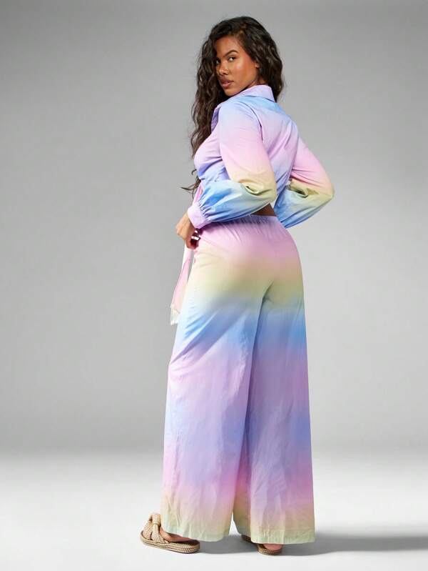 Missguided MISSGUIDED Rainbow Pastel Ombre Tie Front Shirt Wide Leg Pants Set
