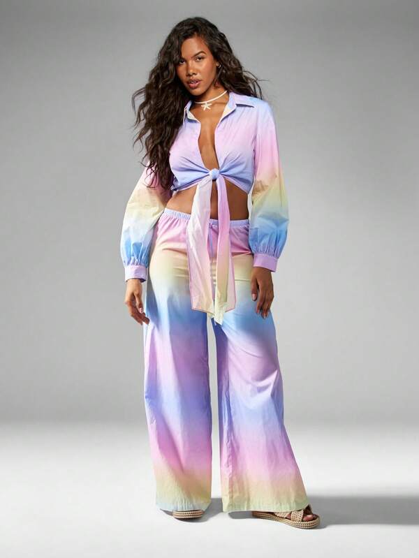 missguided MISSGUIDED Rainbow Pastel Ombre Tie Front Shirt Wide Leg Pants Set