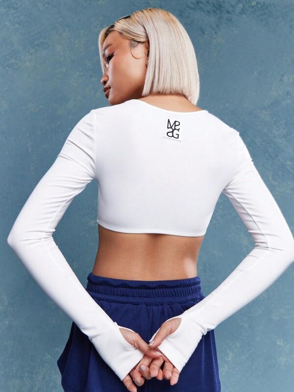 Missguided MISSGUIDED Rave Back Logo Label Thumb Hole Long Sleeve Crop Fitted Top
