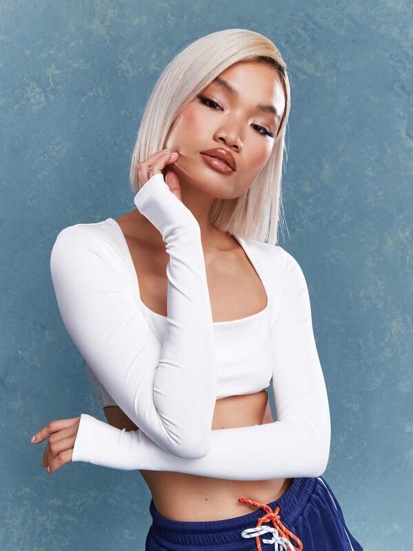 Missguided MISSGUIDED Rave Back Logo Label Thumb Hole Long Sleeve Crop Fitted Top