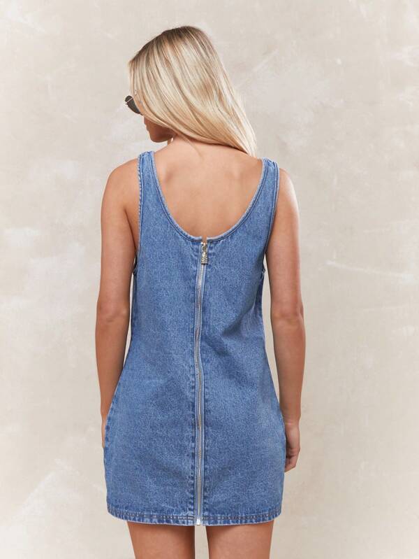 Missguided MISSGUIDED Rave Embroidered Logo Back Zip Through Tank Mini Denim Dress