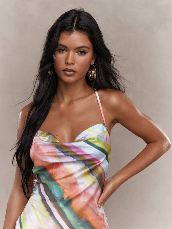 Missguided MISSGUIDED Rave Printed Satin Cowl Neck Cami Bodyson Mini Dress Cute Sundress