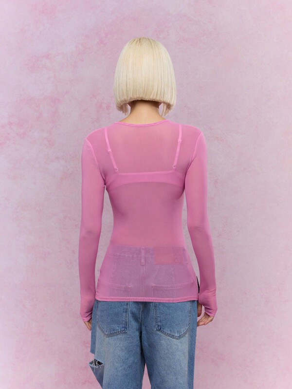 Missguided MISSGUIDED Rave Sheer Mesh Thumb Hole Long Sleeve Boat Neck Top