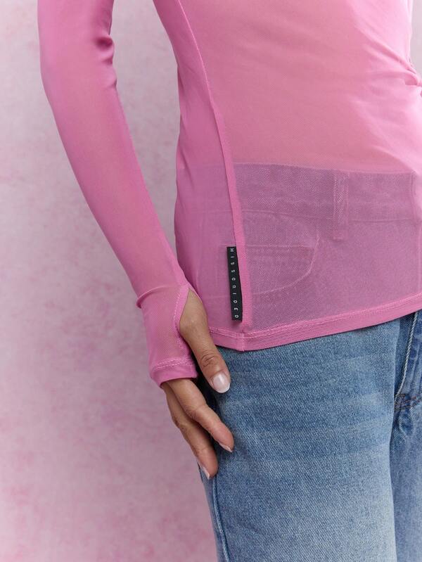 Missguided MISSGUIDED Rave Sheer Mesh Thumb Hole Long Sleeve Boat Neck Top