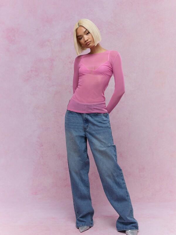 Missguided MISSGUIDED Rave Sheer Mesh Thumb Hole Long Sleeve Boat Neck Top