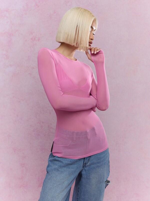 missguided MISSGUIDED Rave Sheer Mesh Thumb Hole Long Sleeve Boat Neck Top