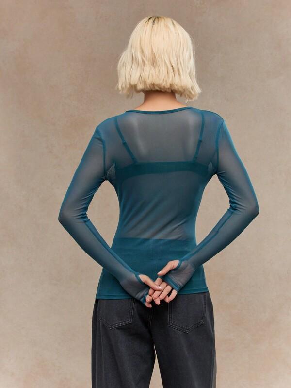 Missguided MISSGUIDED Rave Stylish Teal Mesh Long Sleeve Layering Top With Glitter Detail