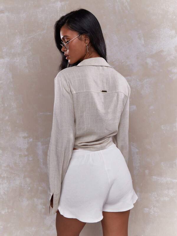 Missguided MISSGUIDED Rave Tying Knot Detail Linen Long Sleeve Crop Shirt Blouse