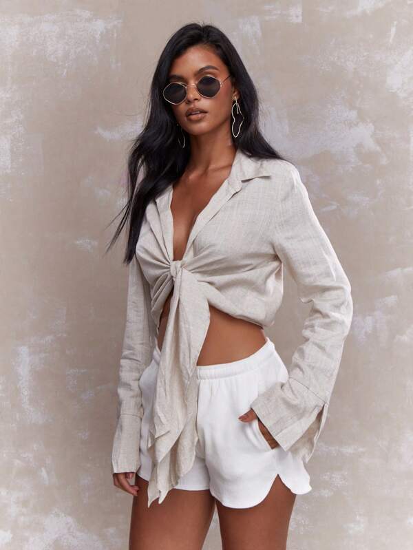 missguided MISSGUIDED Rave Tying Knot Detail Linen Long Sleeve Crop Shirt Blouse