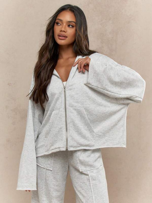 Missguided MISSGUIDED Raw Edge Zip Front Cropped Length Wide Sleeve Comfortable Relaxed Fit Sweatshirt