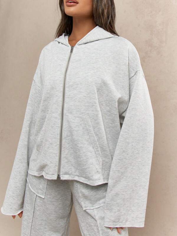 Missguided MISSGUIDED Raw Edge Zip Front Cropped Length Wide Sleeve Comfortable Relaxed Fit Sweatshirt