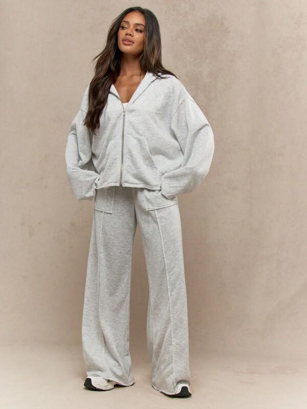 missguided MISSGUIDED Raw Edge Zip Front Cropped Length Wide Sleeve Comfortable Relaxed Fit Sweatshirt