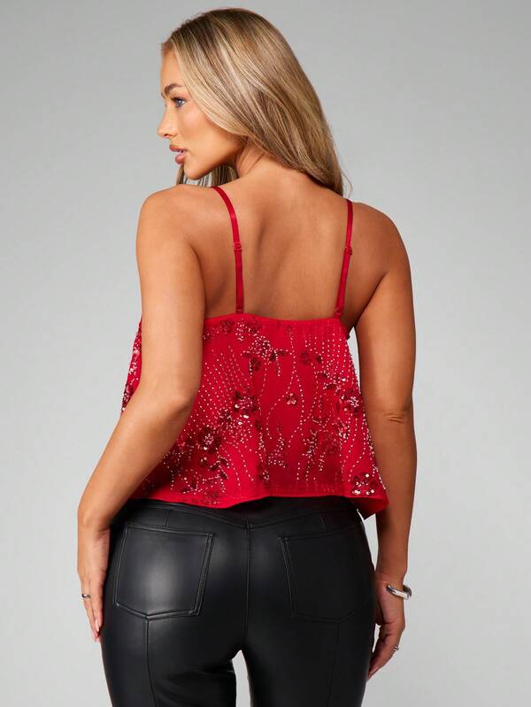 missguided MISSGUIDED Red Sequin Embellished Floral Cami Crop Top