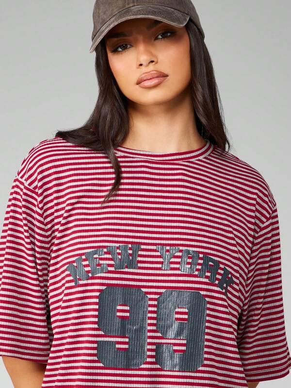 Missguided MISSGUIDED Red Striped T-Shirt With Varsity Number Print